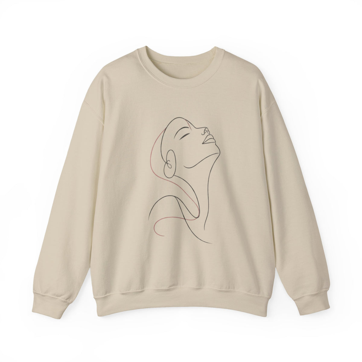 Minimal Line Art Woman Crewneck Sweatshirt — Elegant Portrait Pullover