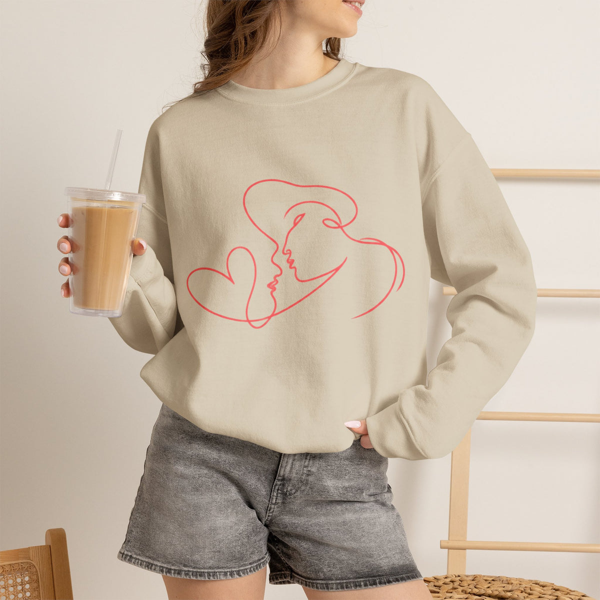 Crewneck Sweatshirt — Minimal Red Line Art Couple Kiss & Heart Design