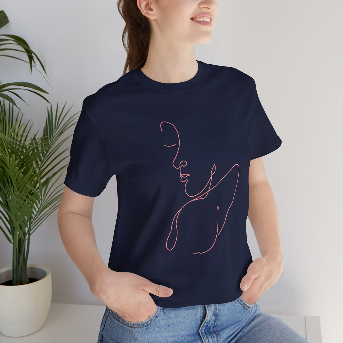 Minimalist Single-Line Face T-Shirt — Pink Line Art Tee