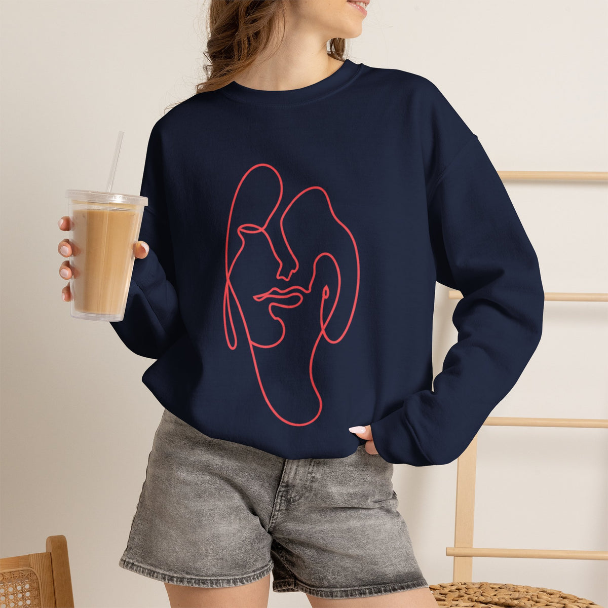 Minimalist Line-Art Face Sweatshirt — Modern Abstract Crewneck