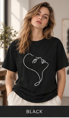 Minimal Line Art Kiss T-Shirt — Abstract Couple Graphic Tee