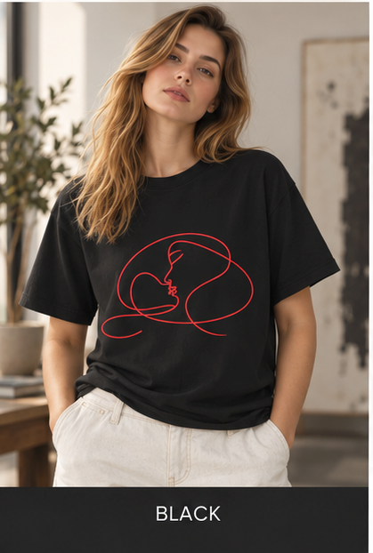Minimalist Line Art Couple T‑Shirt — Continuous Line Kiss Tee
