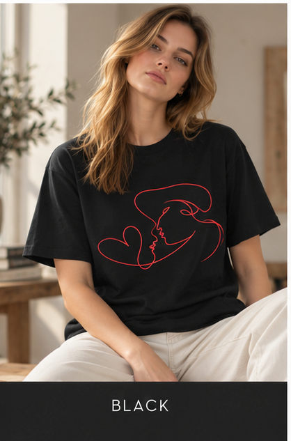 Minimalist Line Art Kiss Tee — Romantic Heart Couple Graphic T-Shirt