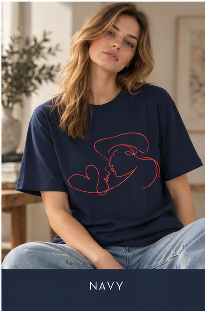Minimalist Line Art Kiss Tee — Romantic Heart Couple Graphic T-Shirt