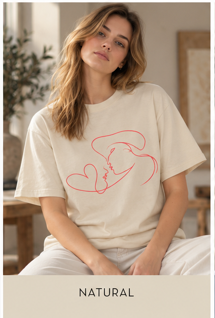 Minimalist Line Art Kiss Tee — Romantic Heart Couple Graphic T-Shirt