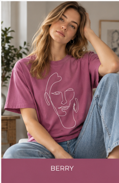 Minimal Line Art Face Tee — Garment-Dyed Vintage Texture T-Shirt