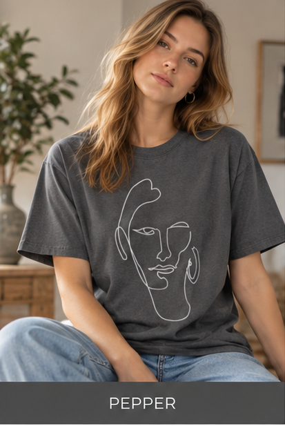 Minimal Line Art Face Tee — Garment-Dyed Vintage Texture T-Shirt