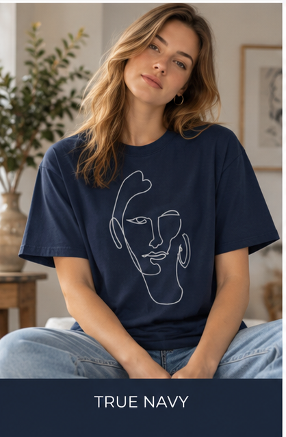 Minimal Line Art Face Tee — Garment-Dyed Vintage Texture T-Shirt