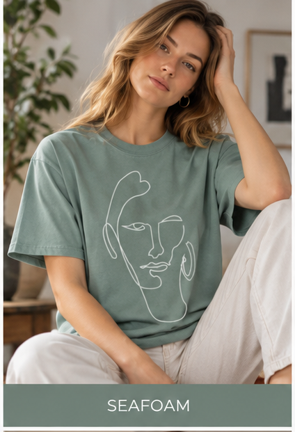 Minimal Line Art Face Tee — Garment-Dyed Vintage Texture T-Shirt