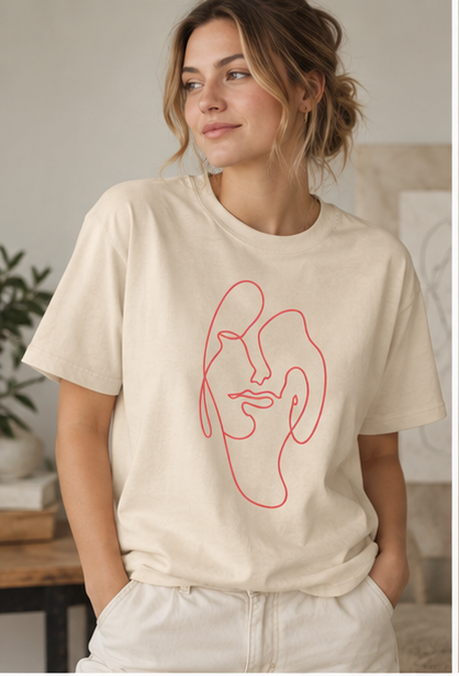 Minimalist One-Line Face Tee — Abstract Pink Line Art T-Shirt