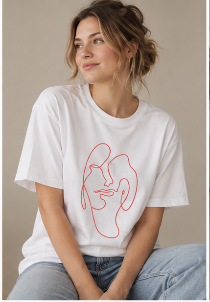 Minimalist One-Line Face Tee — Abstract Pink Line Art T-Shirt