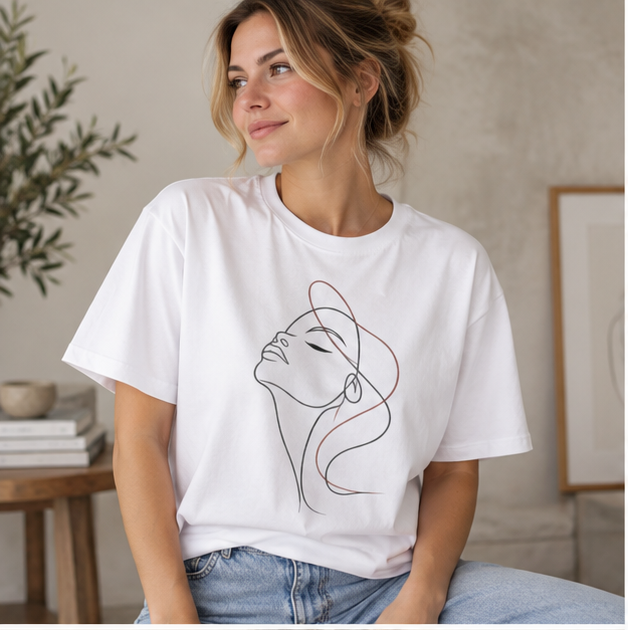 Minimal Line Art Woman T‑Shirt — Elegant Single‑Line Face Tee