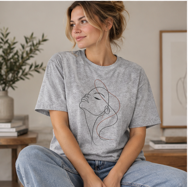 Minimal Line Art Woman T‑Shirt — Elegant Single‑Line Face Tee