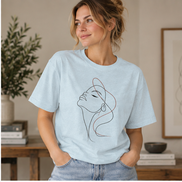 Minimal Line Art Woman T‑Shirt — Elegant Single‑Line Face Tee