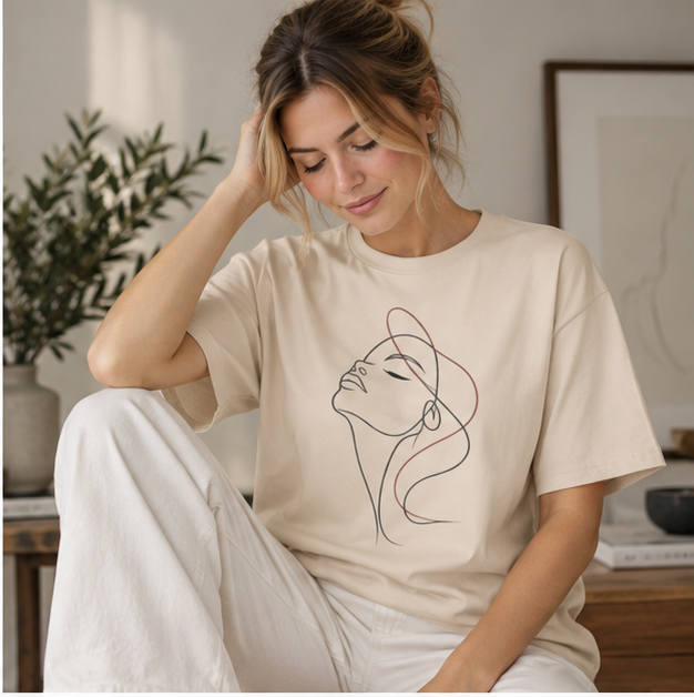 Minimal Line Art Woman T‑Shirt — Elegant Single‑Line Face Tee