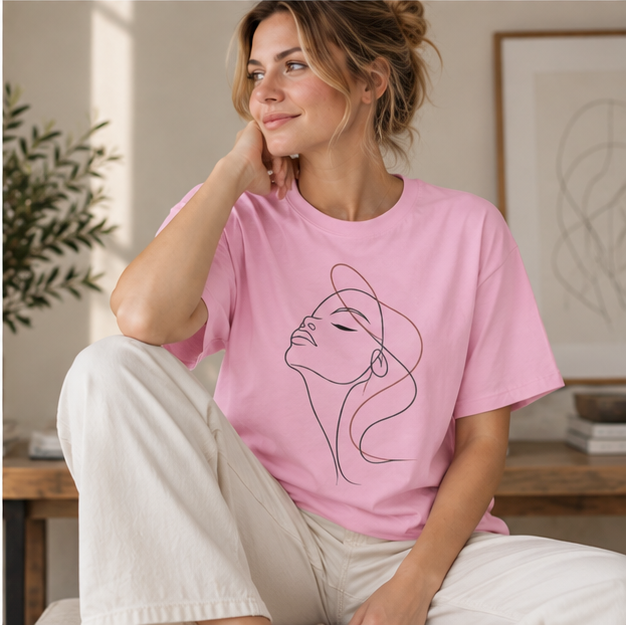 Minimal Line Art Woman T‑Shirt — Elegant Single‑Line Face Tee