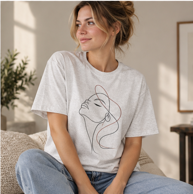 Minimal Line Art Woman T‑Shirt — Elegant Single‑Line Face Tee