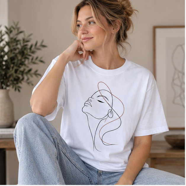 Line Art Face T-Shirt — Minimalist Woman Profile Graphic Tee