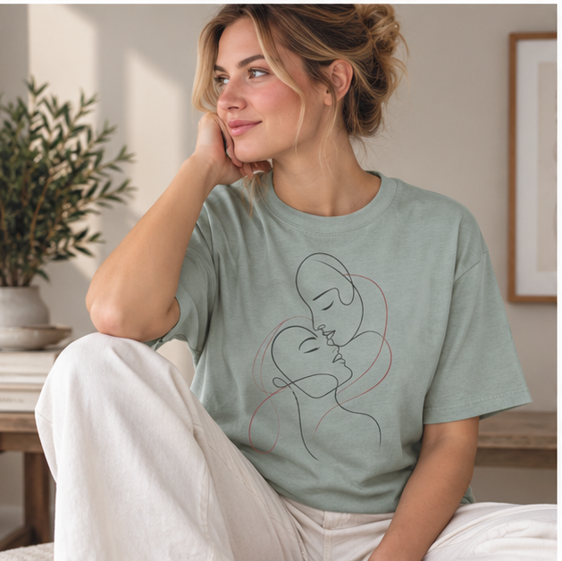 Kissing Line Art Tee — Minimal Couple Graphic T-Shirt