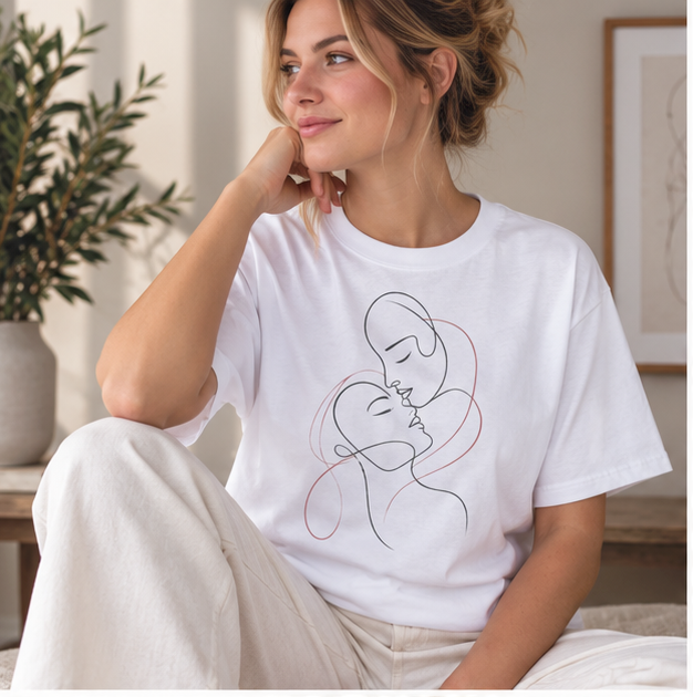 Kissing Line Art Tee — Minimal Couple Graphic T-Shirt
