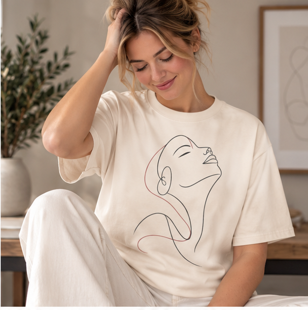 Minimal Line Art Woman T-Shirt — Elegant Single-Line Portrait Tee