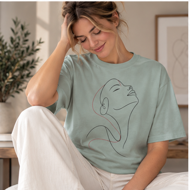 Minimal Line Art Woman T-Shirt — Elegant Single-Line Portrait Tee