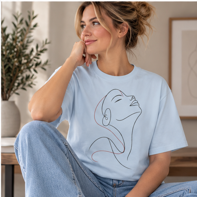 Minimal Line Art Woman T-Shirt — Elegant Single-Line Portrait Tee