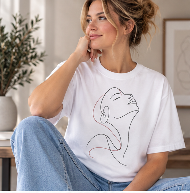 Minimal Line Art Woman T-Shirt — Elegant Single-Line Portrait Tee