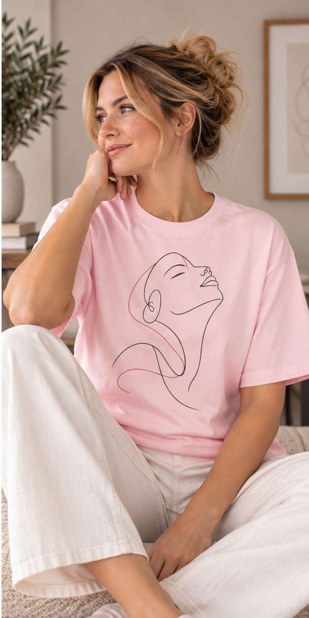 Minimal Line Art Woman T-Shirt — Elegant Single-Line Portrait Tee