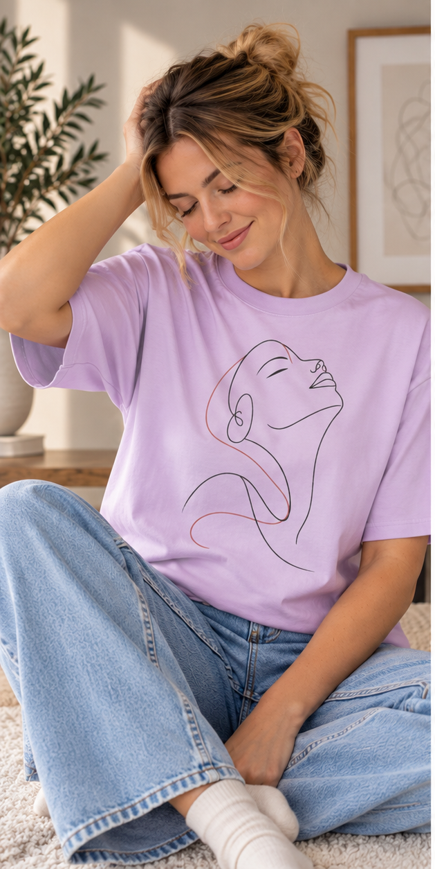 Minimal Line Art Woman T-Shirt — Elegant Single-Line Portrait Tee
