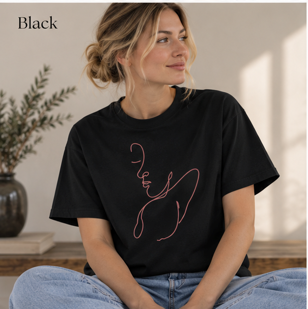 Minimalist Single-Line Face T-Shirt — Pink Line Art Tee