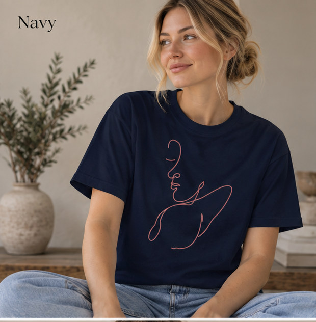 Minimalist Single-Line Face T-Shirt — Pink Line Art Tee