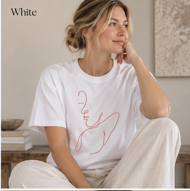 Minimalist Single-Line Face T-Shirt — Pink Line Art Tee