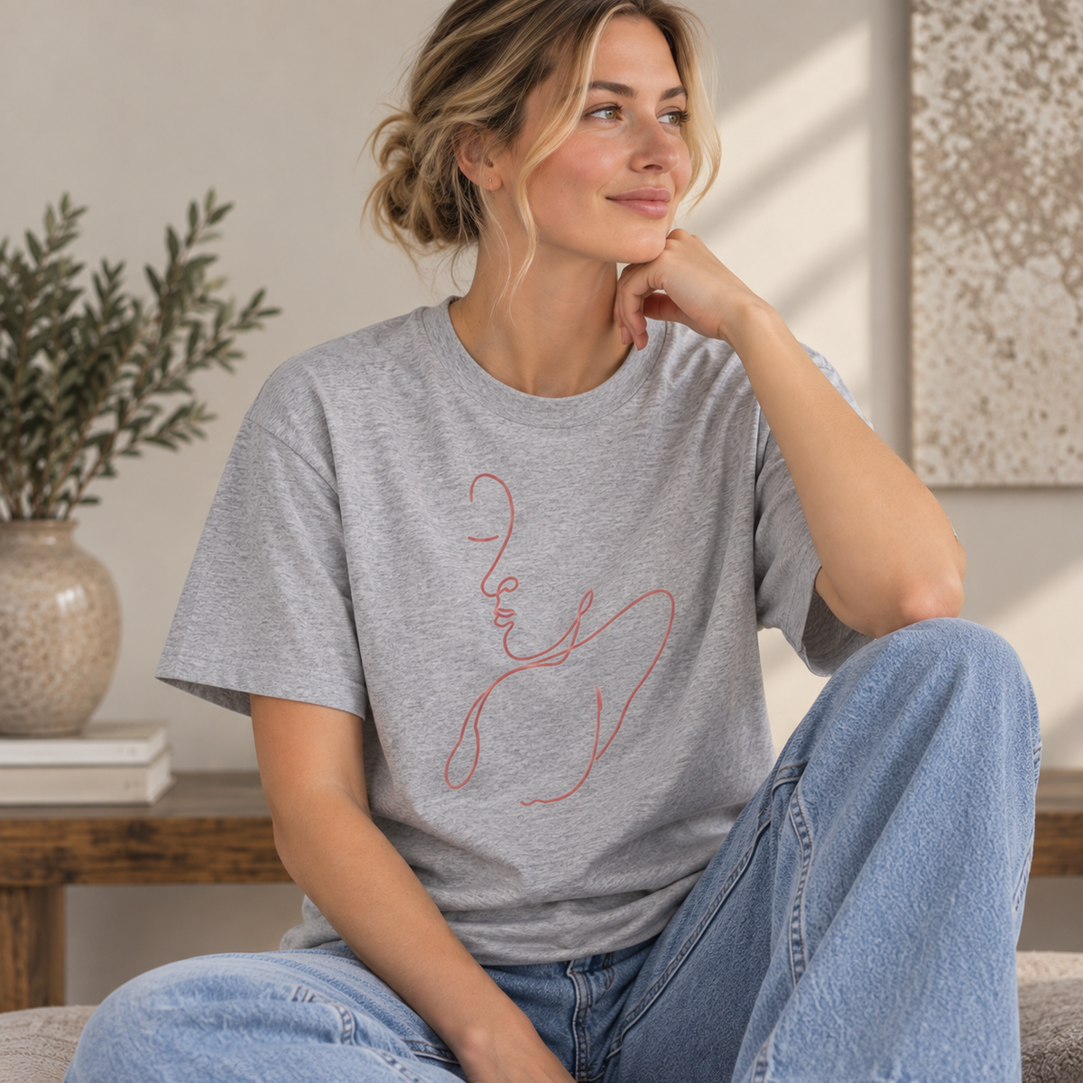 Minimalist Single-Line Face T-Shirt — Pink Line Art Tee