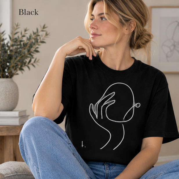 Minimalist White Tee — Subtle Line Art Hand & Bubble Design
