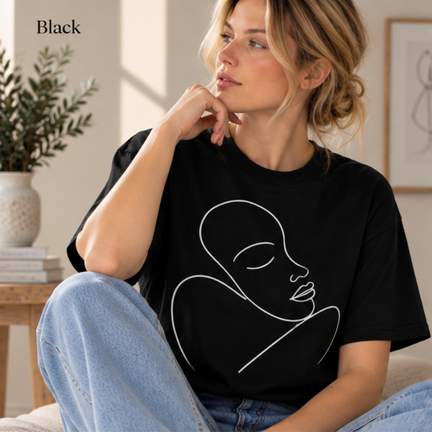 Minimal Line Art Face T‑Shirt — Abstract Feminine Portrait Tee