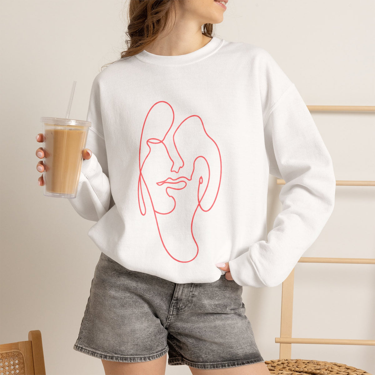 Minimalist Line-Art Face Sweatshirt — Modern Abstract Crewneck