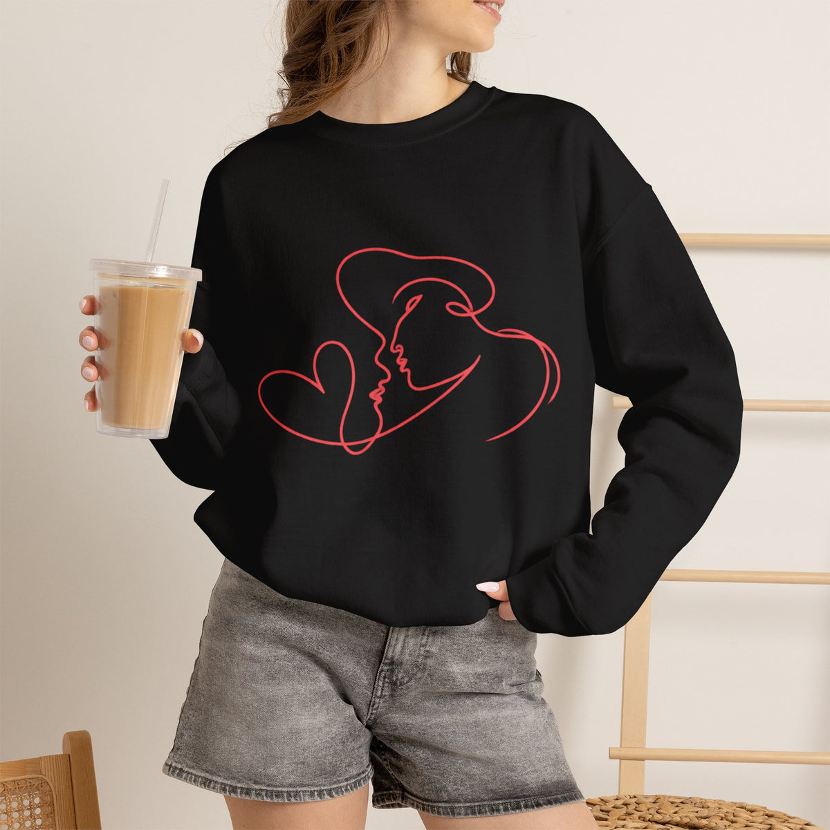 Crewneck Sweatshirt — Minimal Red Line Art Couple Kiss & Heart Design