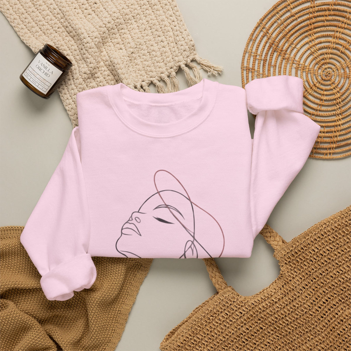 Crewneck Sweatshirt — Minimal Line Art Woman Face Design