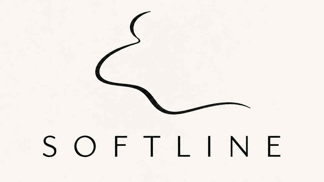 A minimalist black line logo above the word 'SOFTLINE' on a warm off-white background.