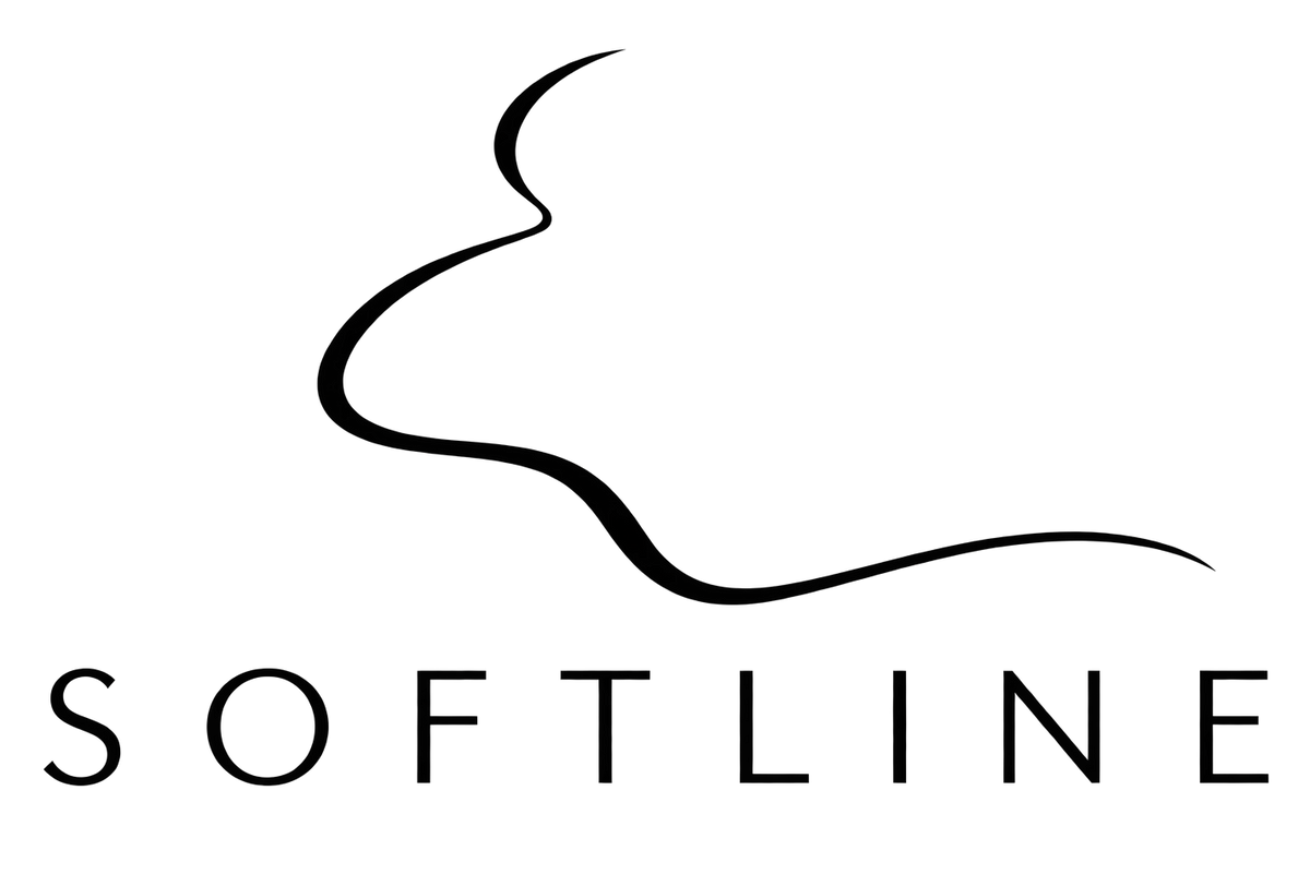 The logo for Softline, featuring a minimalist black abstract line above the brand name in a clean serif typeface, set against a solid white background.